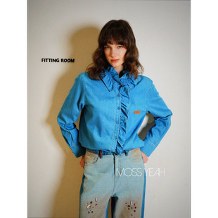 Moss烨 〓设计师〓莱赛尔醋酸棉 可拆卸木耳边领 浅蓝牛仔衬衫c