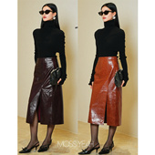 复古油蜡羊皮 Moss烨 设计师 五色立体前侧开叉A字半身裙