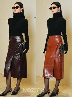 Moss烨 〓设计师〓复古油蜡羊皮 五色立体前侧开叉A字半身裙