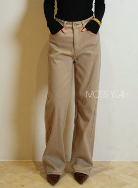 Moss烨 弹力加厚 卡其色斜纹直筒牛仔裤