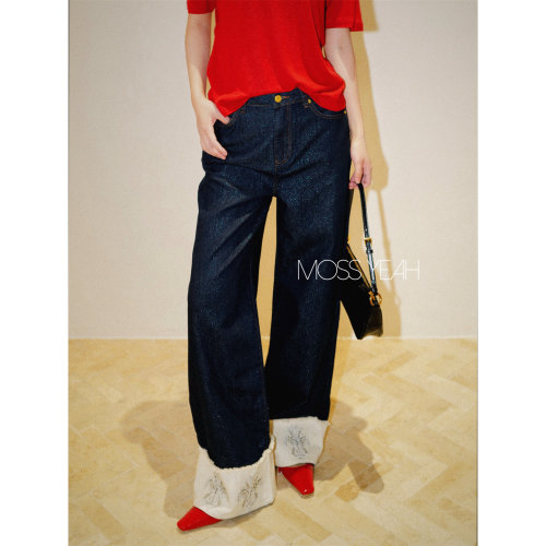 Moss烨〓设计师〓重工刺绣钉珠翻边 原色亮丝直筒牛仔裤