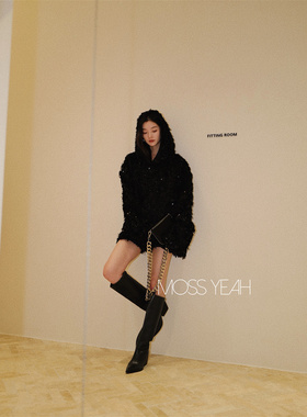 Moss烨 现货〓设计师〓黑色亮片毛毛流苏 连帽阔袖卫衣外套