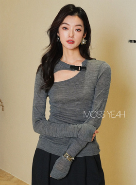 Moss烨〓设计师〓1OO羊毛 气质深灰镂空皮扣针织衫