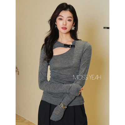 Moss烨〓设计师〓1OO羊毛 气质深灰镂空皮扣针织衫