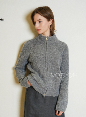 Moss烨〓设计师〓现货 羊驼毛绵羊毛 灰色圈圈纱立领拉链毛衣