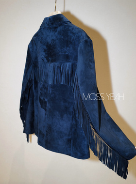 Moss烨 混种羊反绒 复古藏蓝流苏西装皮衣外套