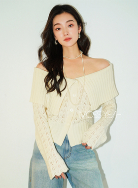 Moss烨 现货〓绒+〓一字肩大翻领 镂空编织微喇袖羊绒毛衣