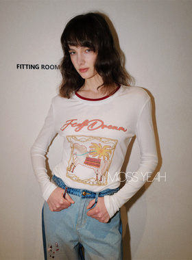 Moss烨 〓设计师〓莱赛尔羊毛 红色拼接印花修身长袖T恤