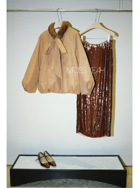 Moss烨〓设计师〓水貂毛领 A字灯笼袖领口系带鹅绒羽绒服