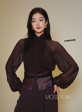 Moss烨现货〓设计师〓酒红桑蚕丝 包裹式立领灯笼袖纱质衬衫