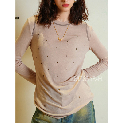 Moss烨〓设计师〓莱赛尔羊毛 做旧铆钉 弹力长袖T恤