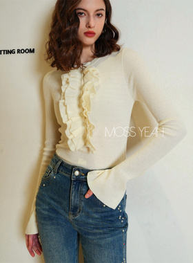 Moss烨〓设计师〓白色绵羊毛 荷叶边喇叭袖坑条毛衣