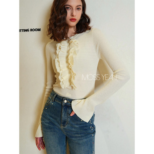 Moss烨〓设计师〓白色绵羊毛 荷叶边喇叭袖坑条毛衣