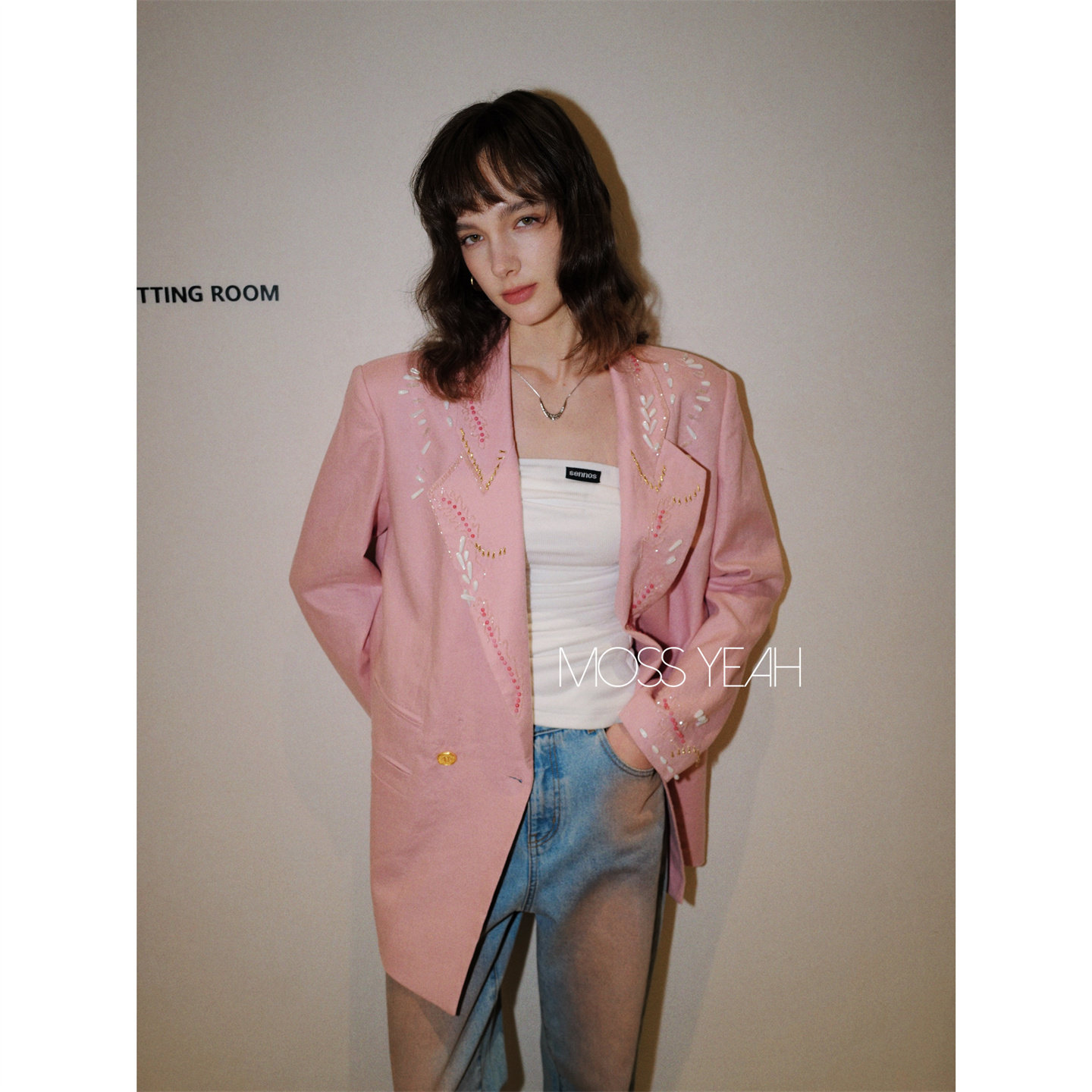 Moss烨 〓设计师〓粉色亚麻 重工钉珠金扣垫肩直筒西装,女装/女士精品,西装,淘宝优惠券,粉丝福利购,淘宝优惠卷