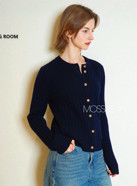 Moss烨〓设计师〓现货 藏青山羊绒 金扣坑条毛衣开衫