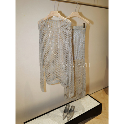 Moss烨 〓设计师〓银色亮片镂空 针织长毛衣半身裙套装