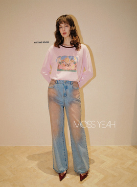 Moss烨 〓设计师〓粉色做旧磨白 显瘦浅蓝直筒牛仔裤c