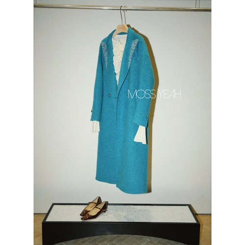 Moss烨〓设计师〓重工钉珠宝石扣 双面绵羊毛骆驼绒毛呢大衣外套