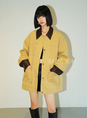 Moss烨 现货〓设计师〓多口袋工装风 拼皮翻领卡其夹克外套