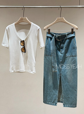 Moss烨 现货〓设计师〓显瘦磨白浅蓝 系带前开叉牛仔半身裙