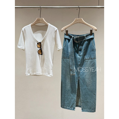 Moss烨 现货〓设计师〓显瘦磨白浅蓝 系带前开叉牛仔半身裙