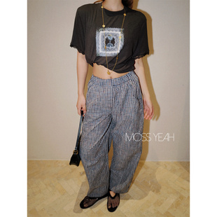 Moss烨 蓝格纹松紧腰休闲立体弯刀裤