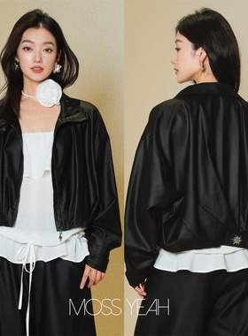 Moss烨 现货〓设计师〓黑色醋酸 立体抽褶 蝙蝠袖机车夹克外套