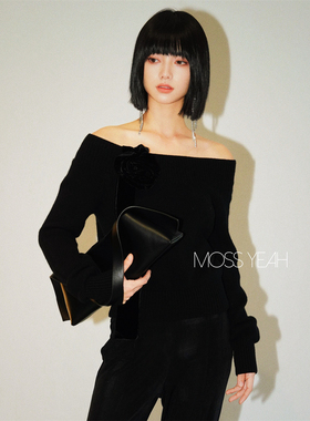 Moss烨 现货〓设计师〓黑色一字肩 手工丝绒盘花飘带羊毛羊绒毛衣