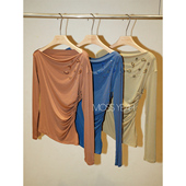 T恤 Moss烨 精致钉珠 设计师 斜肩弹力抽褶长袖 莱赛尔醋酸