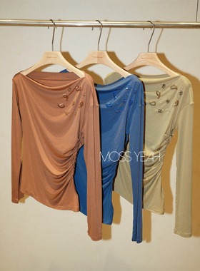 Moss烨 〓设计师〓莱赛尔醋酸 精致钉珠 斜肩弹力抽褶长袖T恤