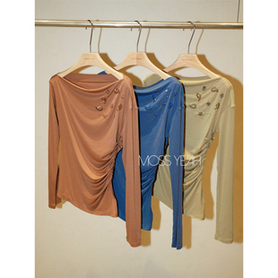 Moss烨 〓设计师〓莱赛尔醋酸 精致钉珠 斜肩弹力抽褶长袖T恤