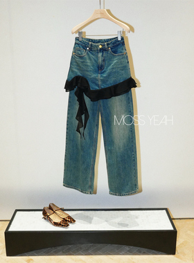 Moss烨 〓设计师〓做旧浅蓝 荷叶边半裙拼接阔腿裙裤牛仔裤