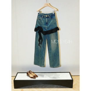 Moss烨 〓设计师〓做旧浅蓝 荷叶边半裙拼接阔腿裙裤牛仔裤