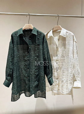 Moss烨 复古格纹亚麻 宽松阔版长袖衬衫罩衫