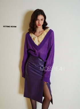 Moss烨 真丝羊绒 定染紫色 深V松软廓形毛衣