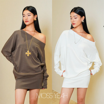 Moss烨现货〓设计师〓多种穿法 弯C造型 斜肩蝙蝠袖卫衣连衣裙