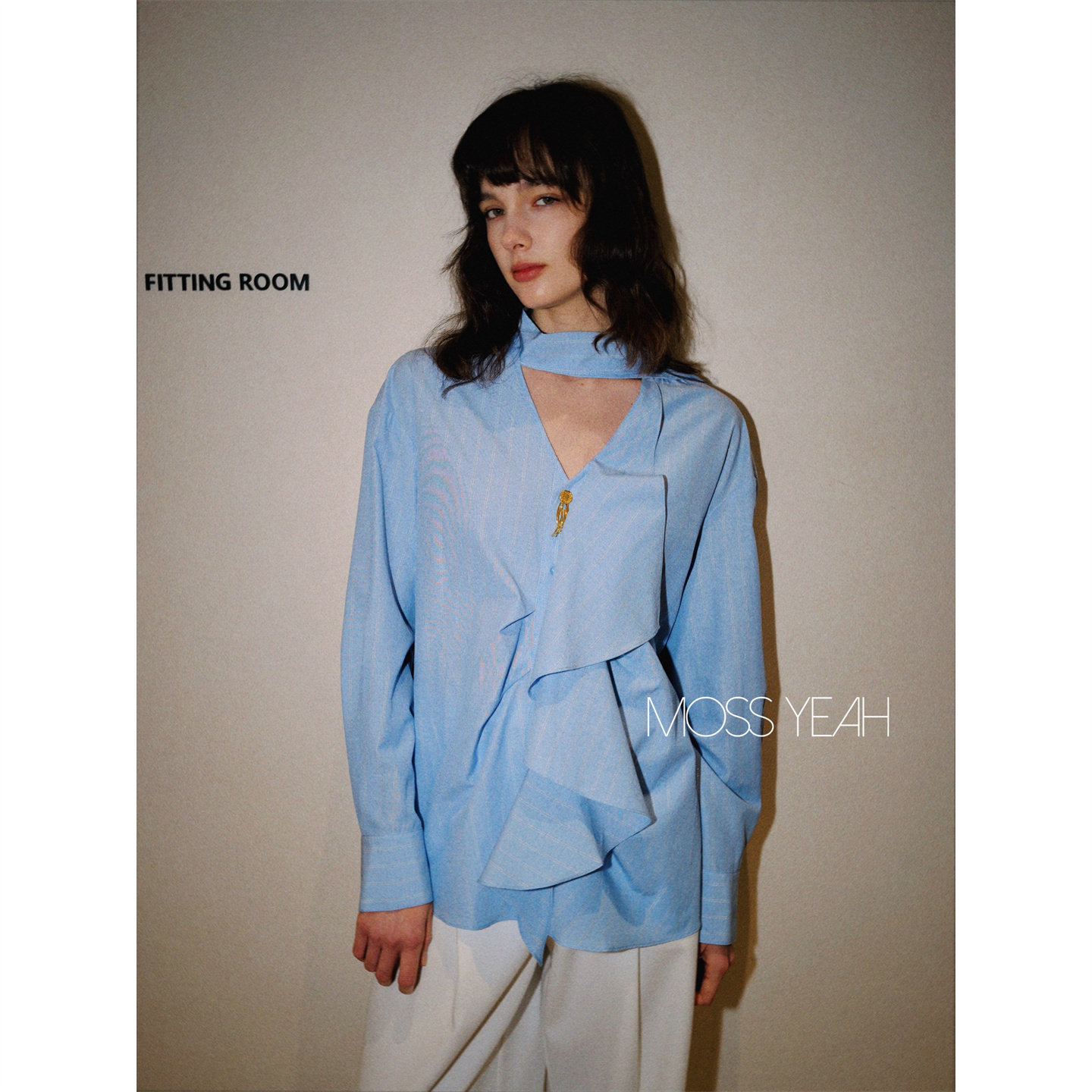 Moss烨 〓设计师〓进口面料 蓝条纹飘带荷叶边V领串珠金扣袖衬衫c,女装/女士精品,衬衫,淘宝优惠券,粉丝福利购,淘宝优惠卷