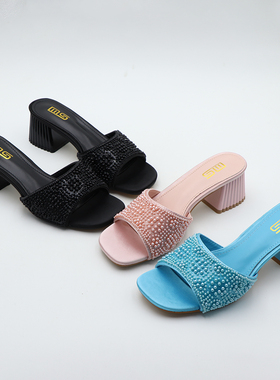 2024新款时尚高跟水钻外穿一字凉拖百外贸性感粗跟大码高跟鞋女
