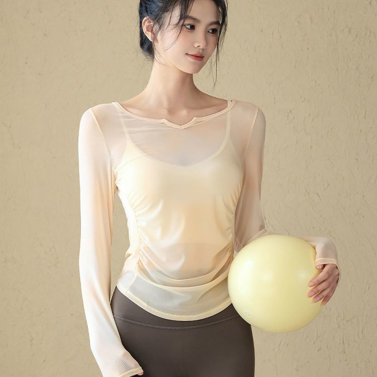朦胧微透网纱V领运动上衣透气速干T恤收腰显瘦罩衫健身服外穿