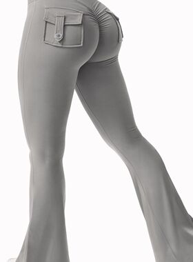 欧美工装风纽扣蜜桃臀瑜伽微喇裤女健身运动阔腿喇叭裤高腰速干