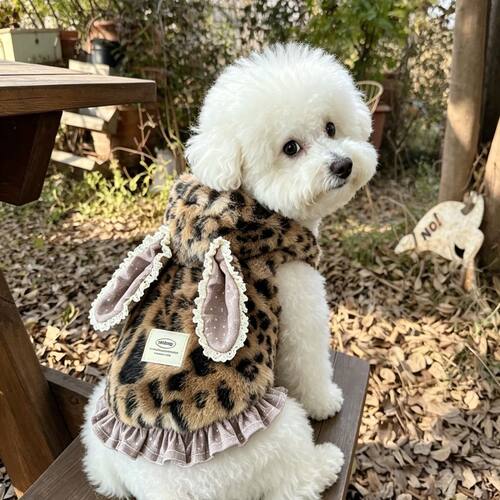宠物秋冬豹纹花边毛绒马甲潮流狗狗连帽衣服泰迪比熊小型犬外套猫