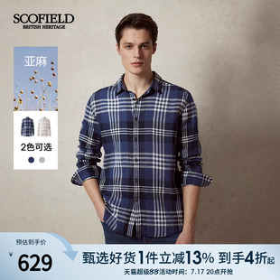 SCOFIELD男士25夏季新品简约透气亚麻时尚休闲长袖经典格纹衬衫