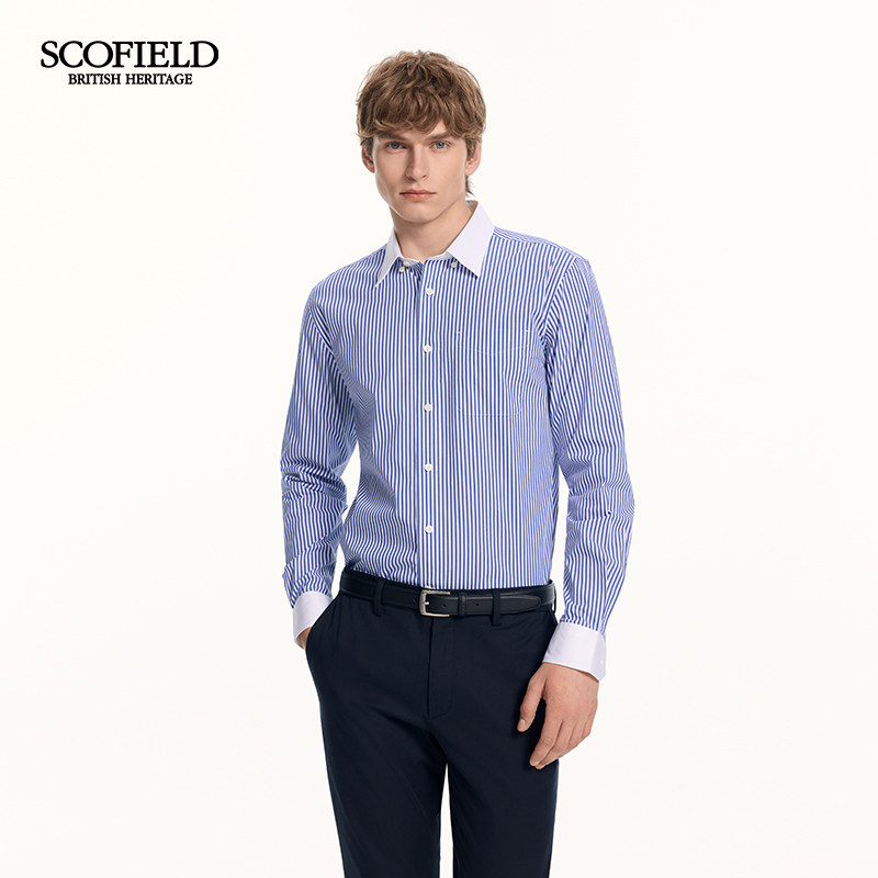 SCOFIELD男装26年夏季新品通勤休闲尖领长袖拼接商务条纹衬衫男
