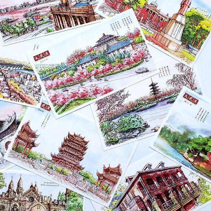 手绘武汉武汉大学东湖樱花特色经典旅游纪念品礼物装饰卡片明信片
