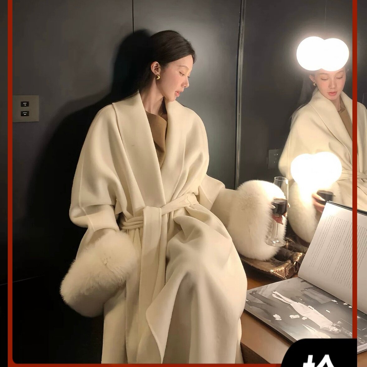 韩系小女人大衣外套睡袍款长款系带羊毛外套狐狸毛100澳毛361588