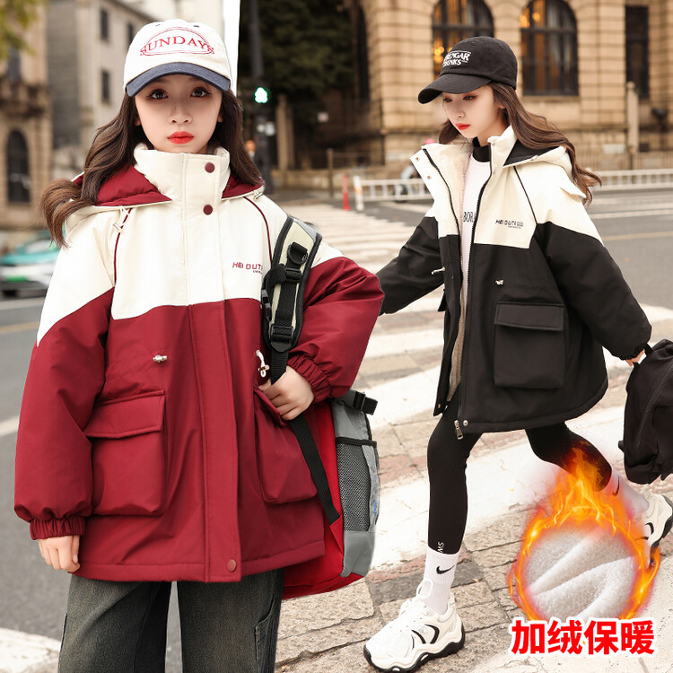 女童冬季加厚加绒冲锋衣外套2024新款儿童洋气女孩中大童棉衣棉服