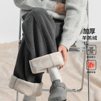 2025新款冬季弯刀加绒裤子男款加厚阔腿长裤直筒裤羊羔绒休闲卫裤