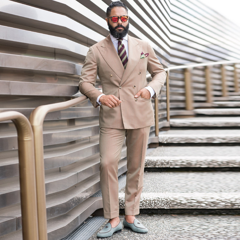 ORIGINAL DESIGN SPRING|SUMMER 2024 MENS TWO-BREASTED LAPEL WIDE-COLLAR KHAKI SUIT STRETCH