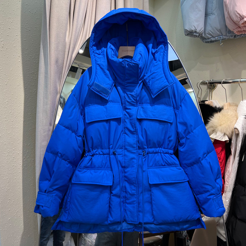 克莱因蓝羽绒服女中长款春季新款加厚工装连帽收腰设计感小众外套