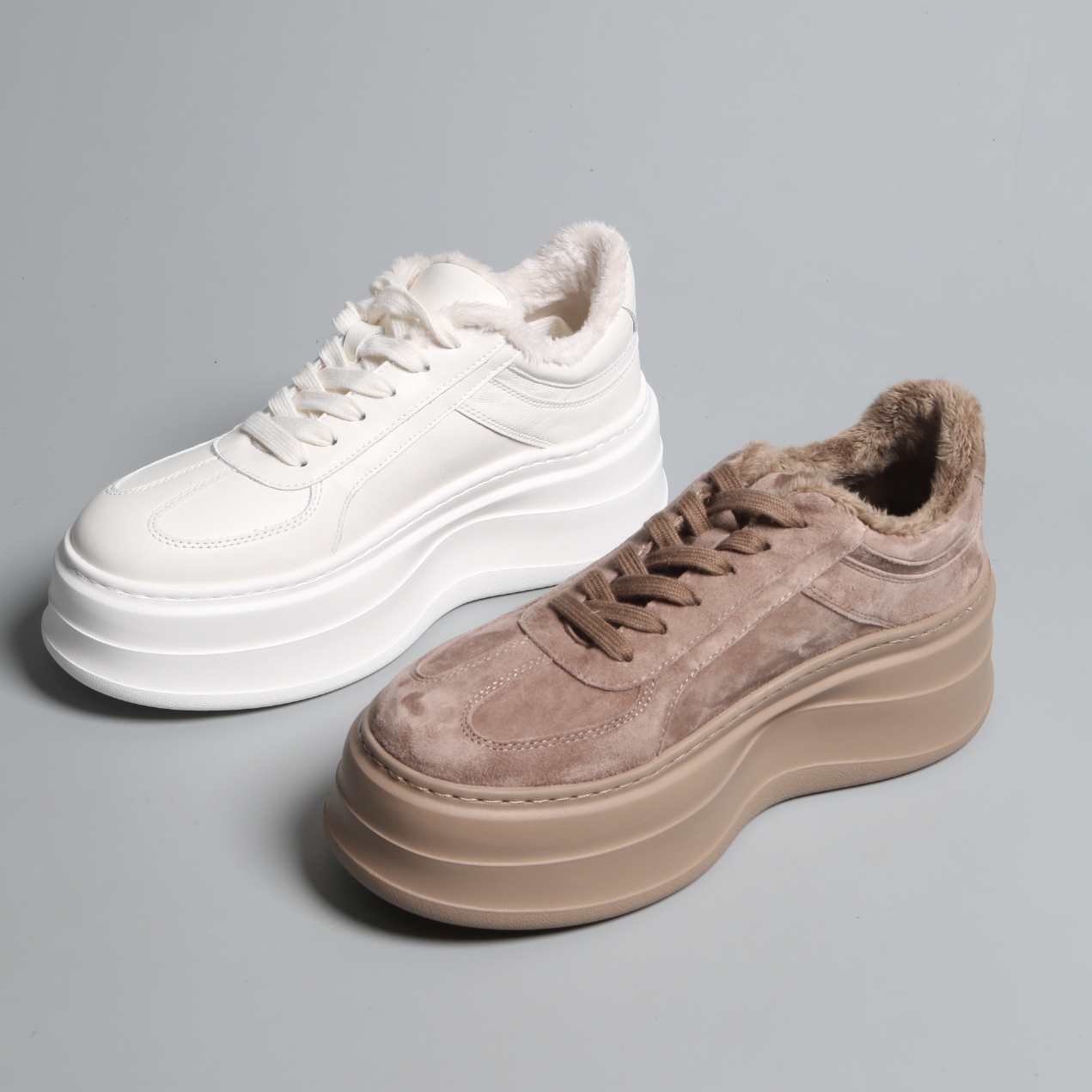 圆头厚底内加绒小白鞋